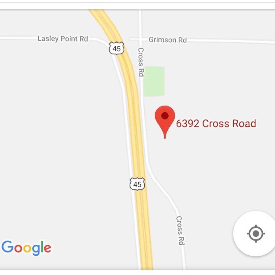 Map showing 6392 Cross Road just east of Hwy 45, between Lasley Point Road and Grimson Road