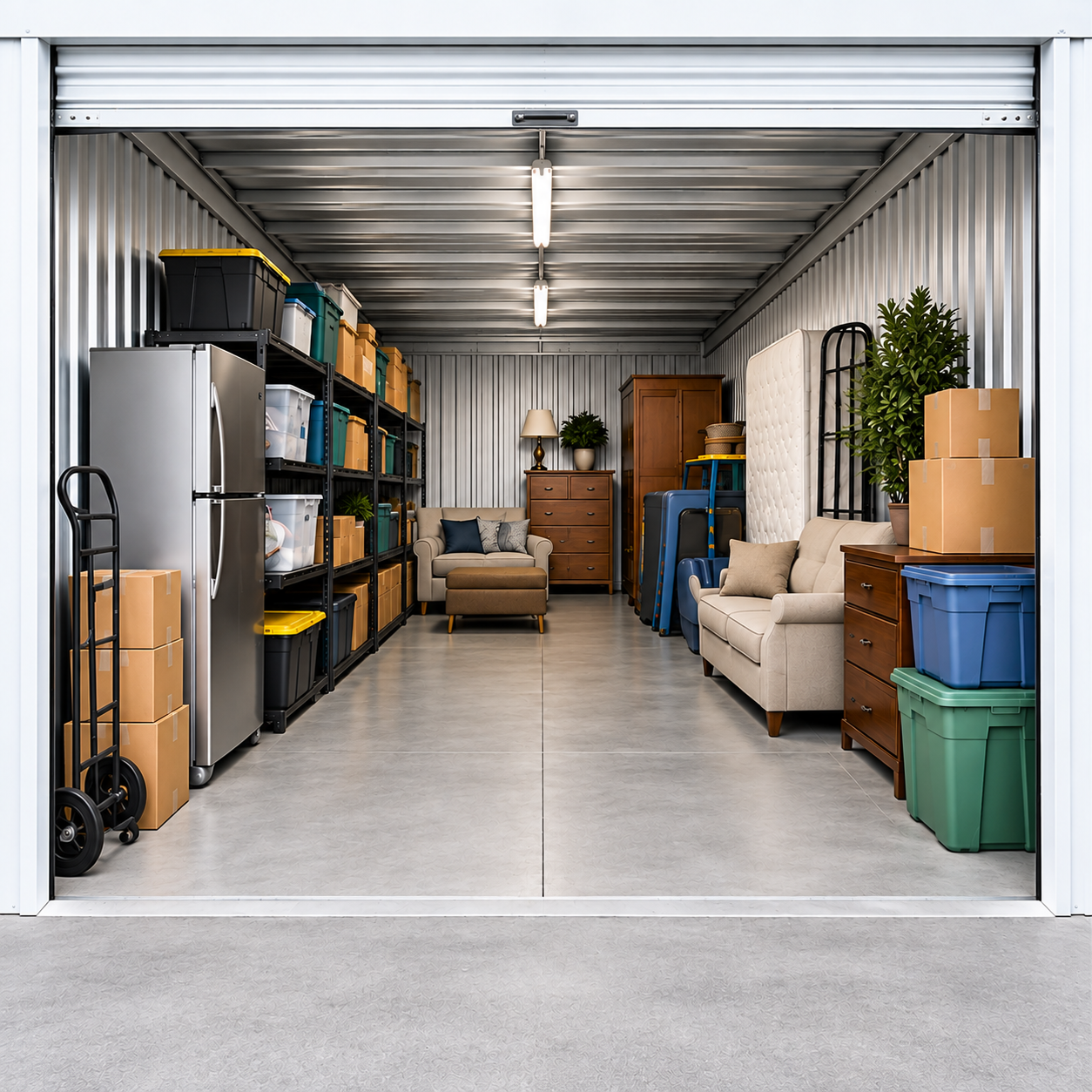Open drive-up storage unit holding furniture, appliances, shelving, and boxes